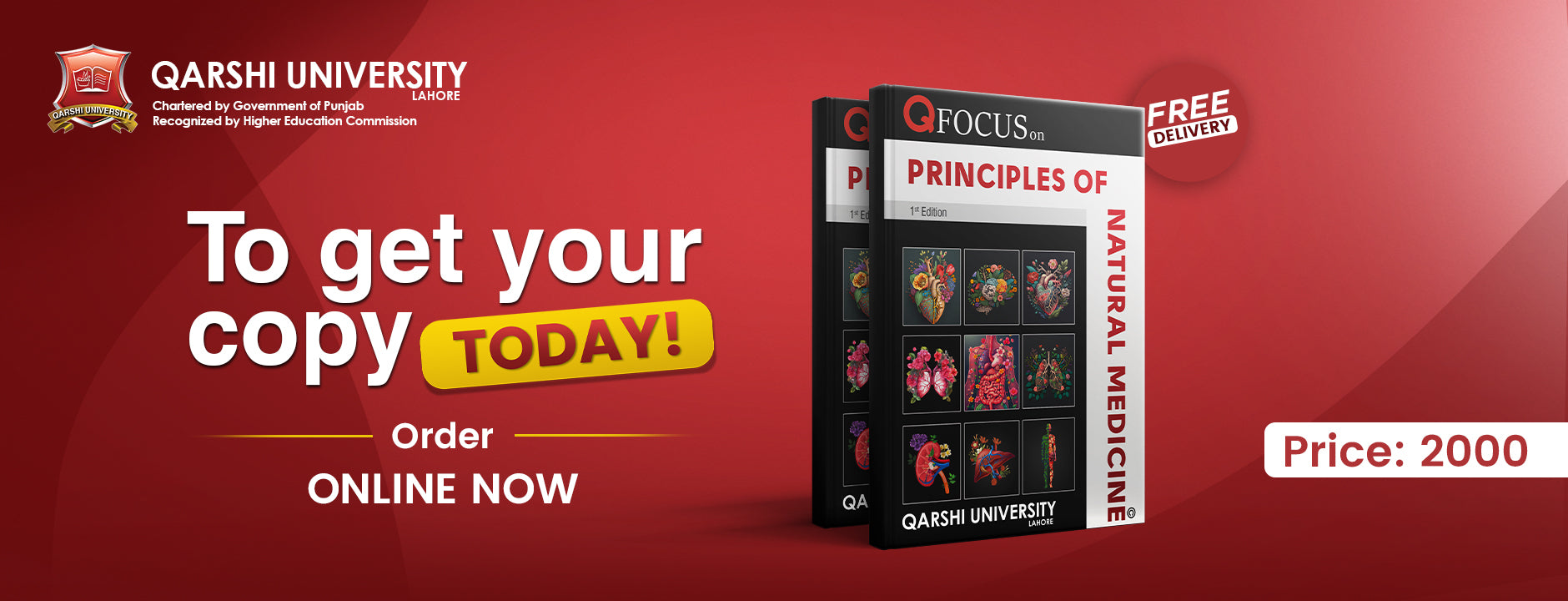 Advertisement for a book titled 'Principles of Natural Medicine' by Qarshi University on a red background.